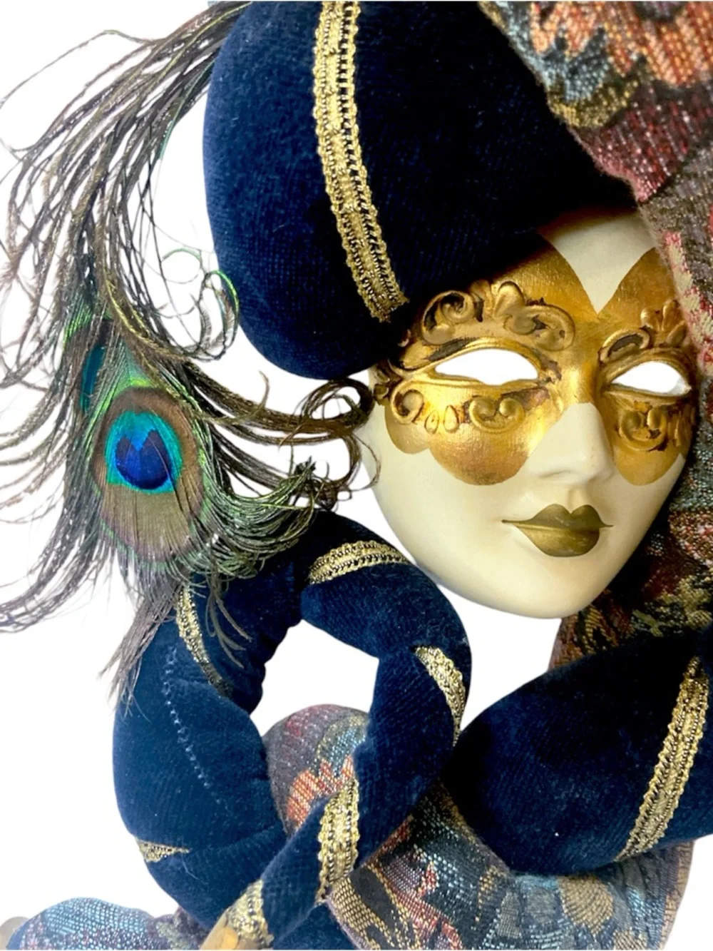 Vintage Carnival Venetian Handmade Ceramic Mask Decor Peacock Jester Bells Italy